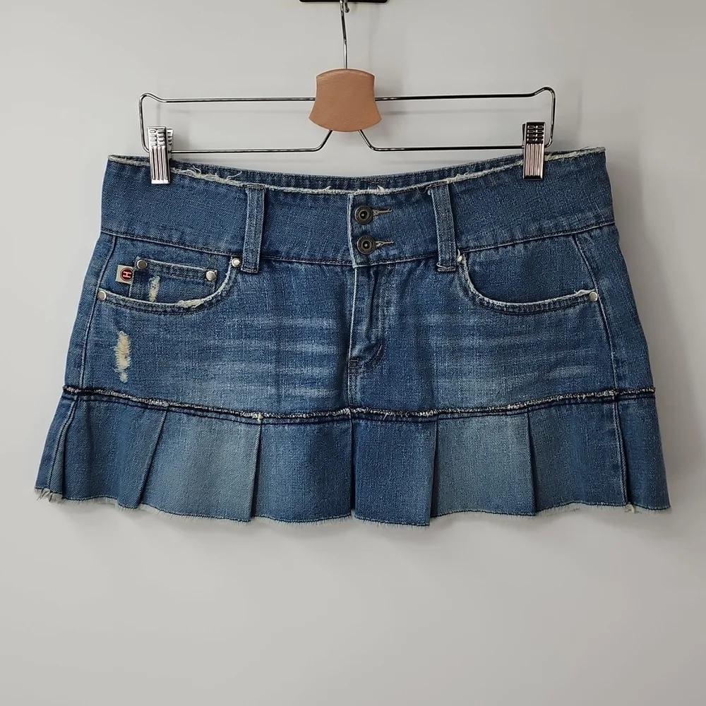 Hydraulic Blue Denim Pleated Mini Skirt